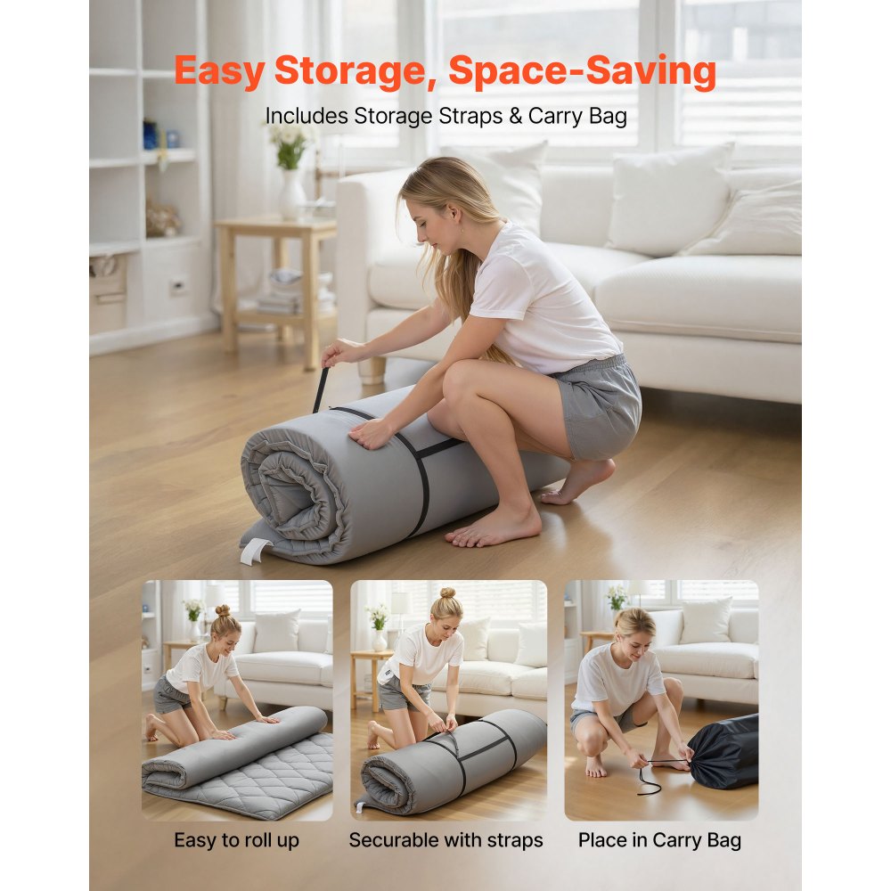 VEVOR Japanese Tatami Mat, Queen Size Foldable Japanese Tatami Mattress, Futon Mattress with Storage Bag & Fastener, 9-Layer Floor Mat for Sleeping, Dormitory, Meditation, Yoga, 80 x 60 x 2.5 in, Gray