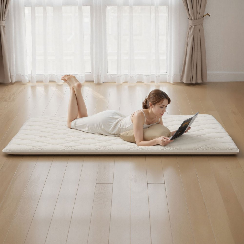 VEVOR Japanese Tatami Mat, Queen Size Foldable Japanese Tatami Mattress, Futon Mattress with Storage Bag & Fastener, 9-Layer Floor Mat for Sleeping, Dormitory, Meditation, Yoga, 80 x 60 x 2.5 in, White