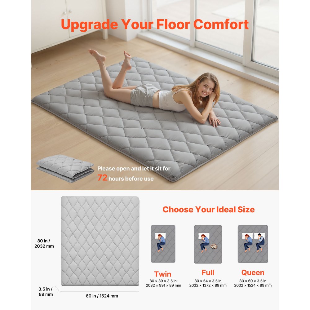 VEVOR Japanese Tatami Mat, Queen Size Foldable Japanese Tatami Mattress, Futon Mattress with Storage Bag & Fastener, 9-Layer Floor Mat for Sleeping, Dormitory, Meditation, Yoga, 80 x 60 x 3.5 in, Gray