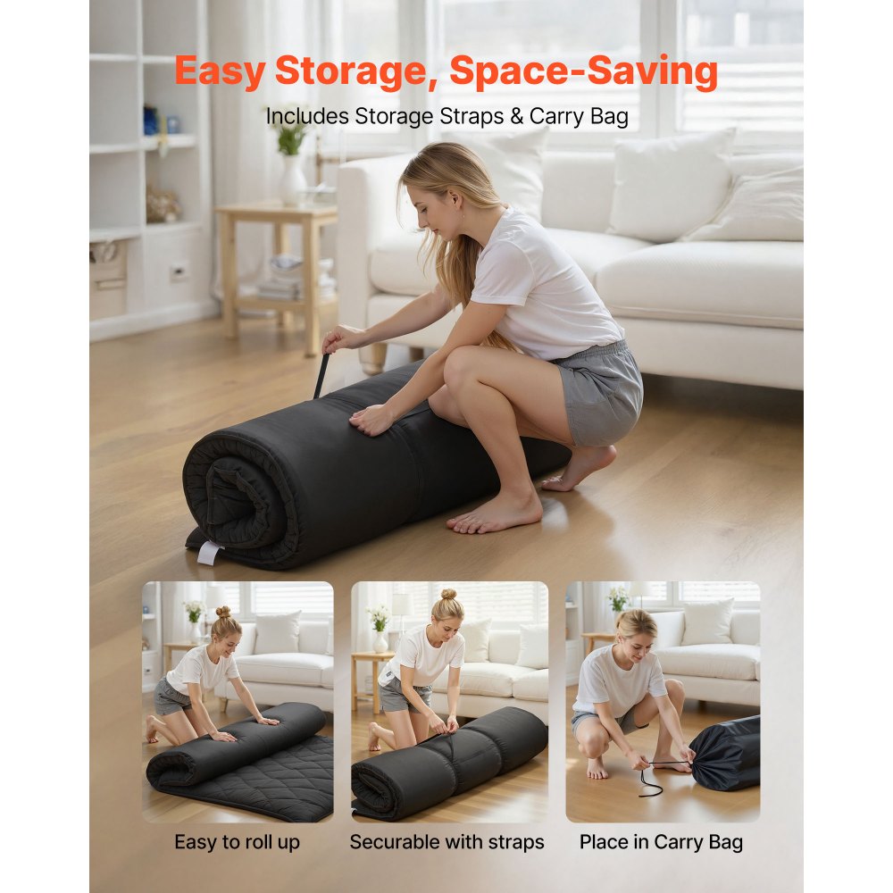 VEVOR Japanese Tatami Mat, Queen Size Foldable Japanese Tatami Mattress, Futon Mattress with Storage Bag & Fastener, 9-Layer Floor Mat for Sleeping, Dorm, Meditation, Yoga, 80 x 60 x 3.5 in, Black