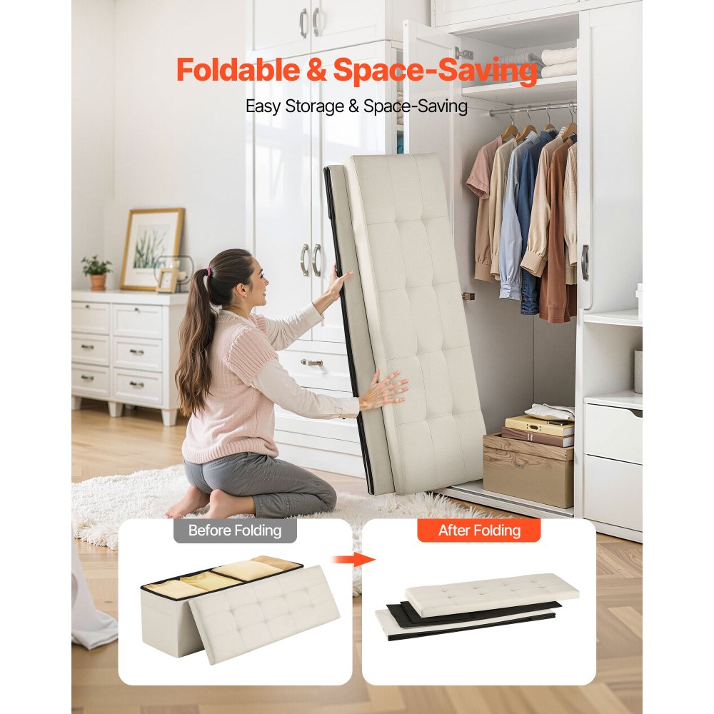 VEVOR Foldable Storage Ottoman Bench, End of Bed Bench with Side Bags, Folding Upholstered Storage Chest Supports 660 lbs, Linen Bed Ottoman with Large Space for Living Room, Bedroom, Entryway, Beige