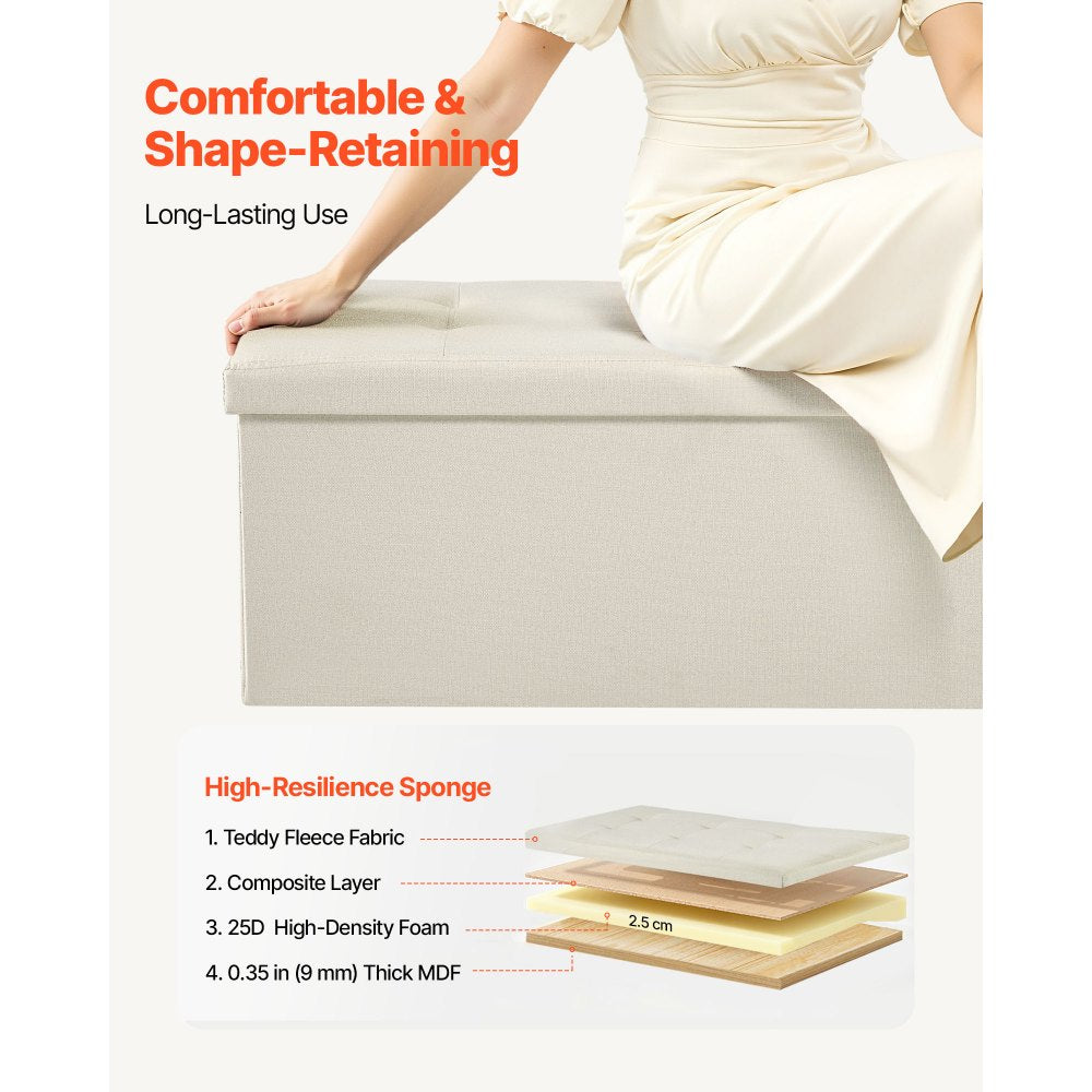 VEVOR Foldable Storage Ottoman Bench, End of Bed Bench with Side Bags, Folding Upholstered Storage Chest Supports 660 lbs, Linen Bed Ottoman with Large Space for Living Room, Bedroom, Entryway, Beige