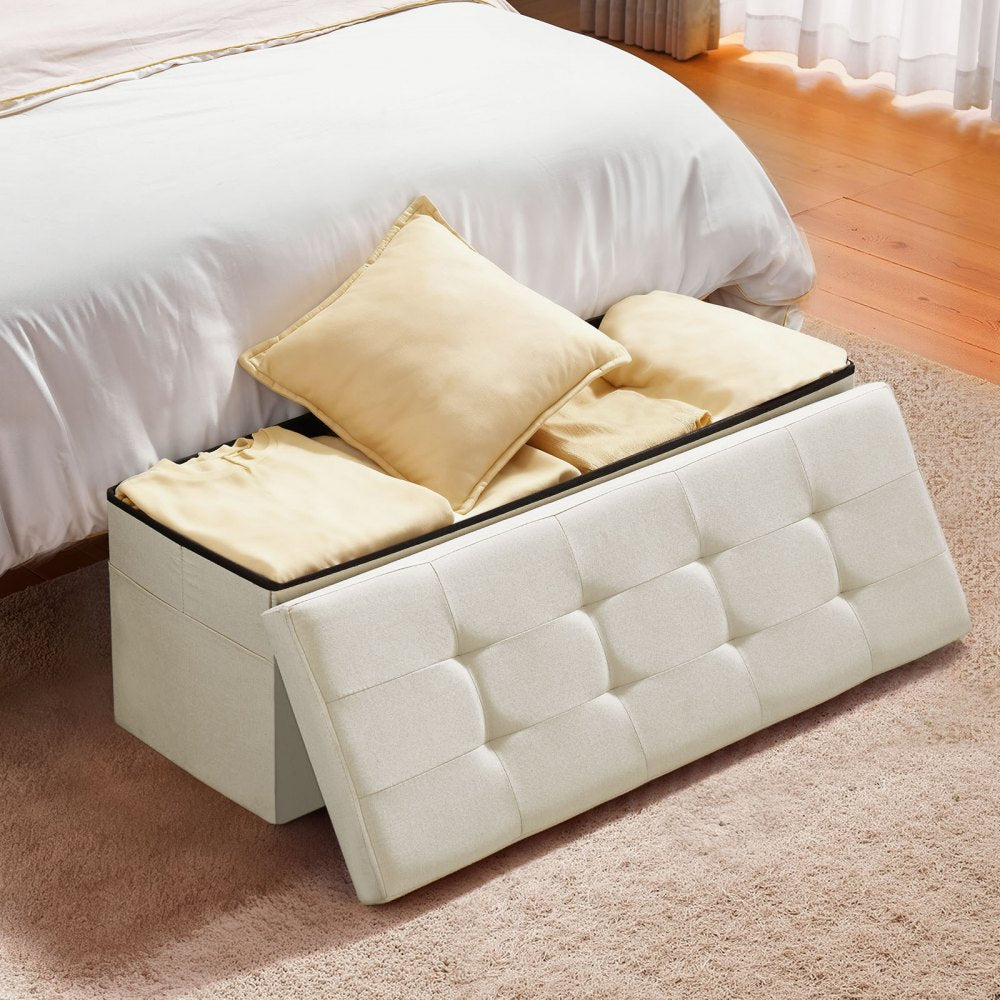 VEVOR Foldable Storage Ottoman Bench, End of Bed Bench with Side Bags, Folding Upholstered Storage Chest Supports 660 lbs, Linen Bed Ottoman with Large Space for Living Room, Bedroom, Entryway, Beige