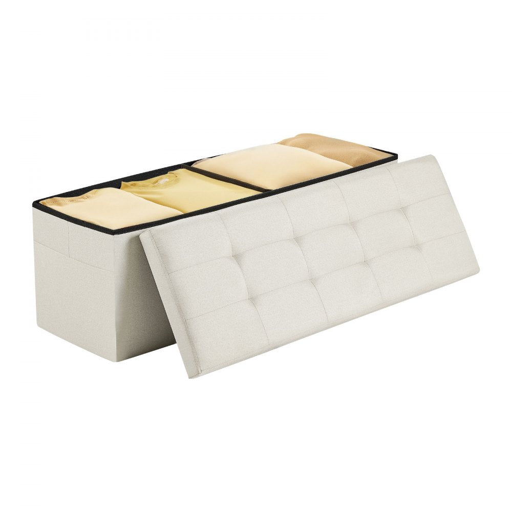 VEVOR Foldable Storage Ottoman Bench, End of Bed Bench with Side Bags, Folding Upholstered Storage Chest Supports 660 lbs, Linen Bed Ottoman with Large Space for Living Room, Bedroom, Entryway, Beige