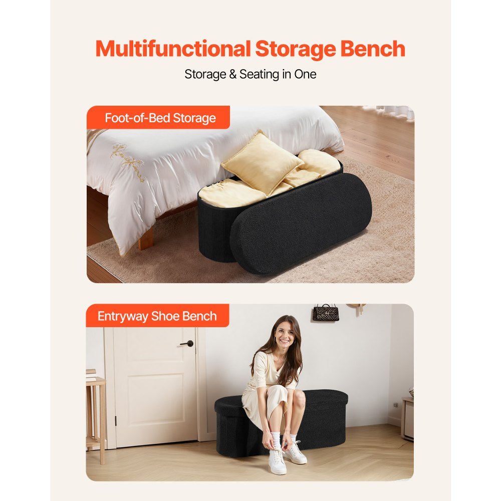 VEVOR Oval Storage Ottoman Bench, Foldable Teddy Fleece End of Bed Bench, Folding Upholstered Bed Ottoman Chest with Large Storage Space, Supports 660 lbs, for Living Room, Bedroom, Entryway, Black