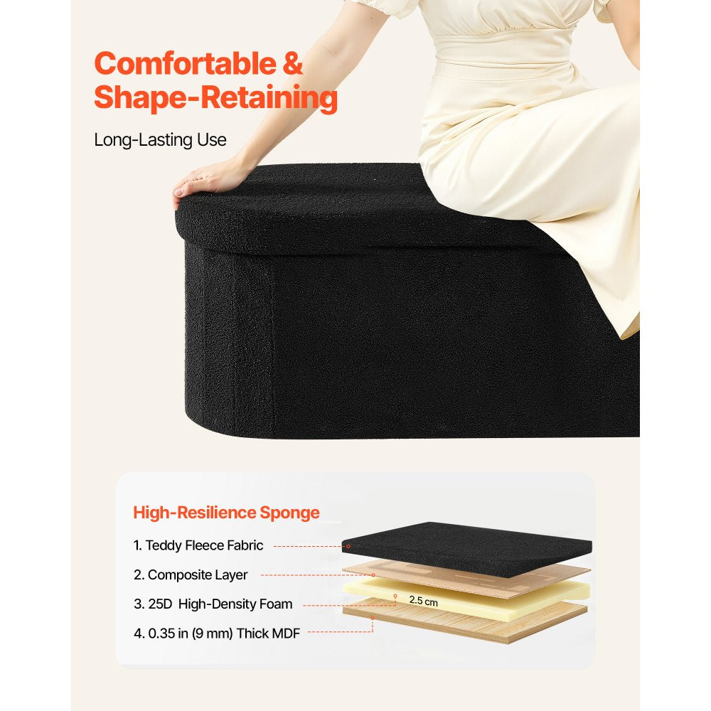 VEVOR Oval Storage Ottoman Bench, Foldable Teddy Fleece End of Bed Bench, Folding Upholstered Bed Ottoman Chest with Large Storage Space, Supports 660 lbs, for Living Room, Bedroom, Entryway, Black