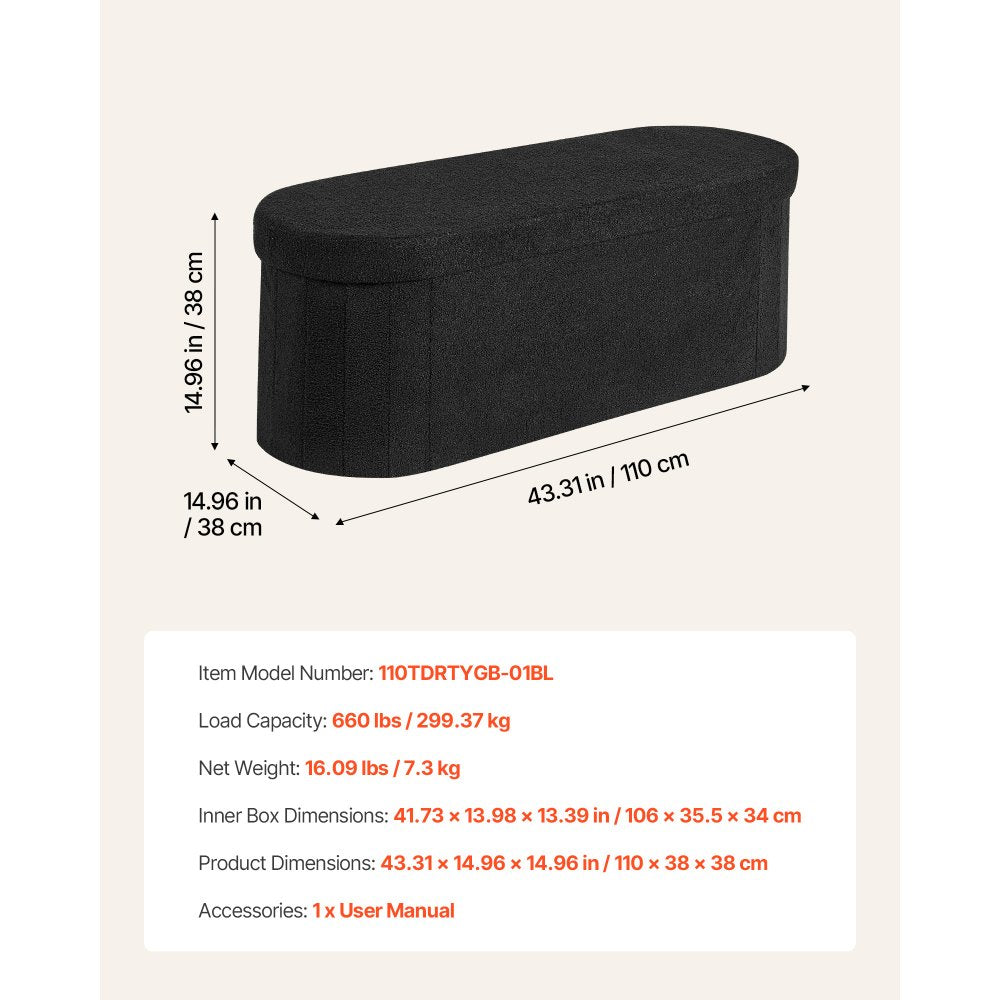 VEVOR Oval Storage Ottoman Bench, Foldable Teddy Fleece End of Bed Bench, Folding Upholstered Bed Ottoman Chest with Large Storage Space, Supports 660 lbs, for Living Room, Bedroom, Entryway, Black