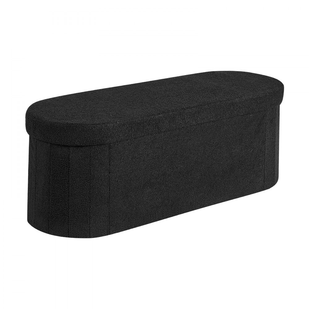 VEVOR Oval Storage Ottoman Bench, Foldable Teddy Fleece End of Bed Bench, Folding Upholstered Bed Ottoman Chest with Large Storage Space, Supports 660 lbs, for Living Room, Bedroom, Entryway, Black