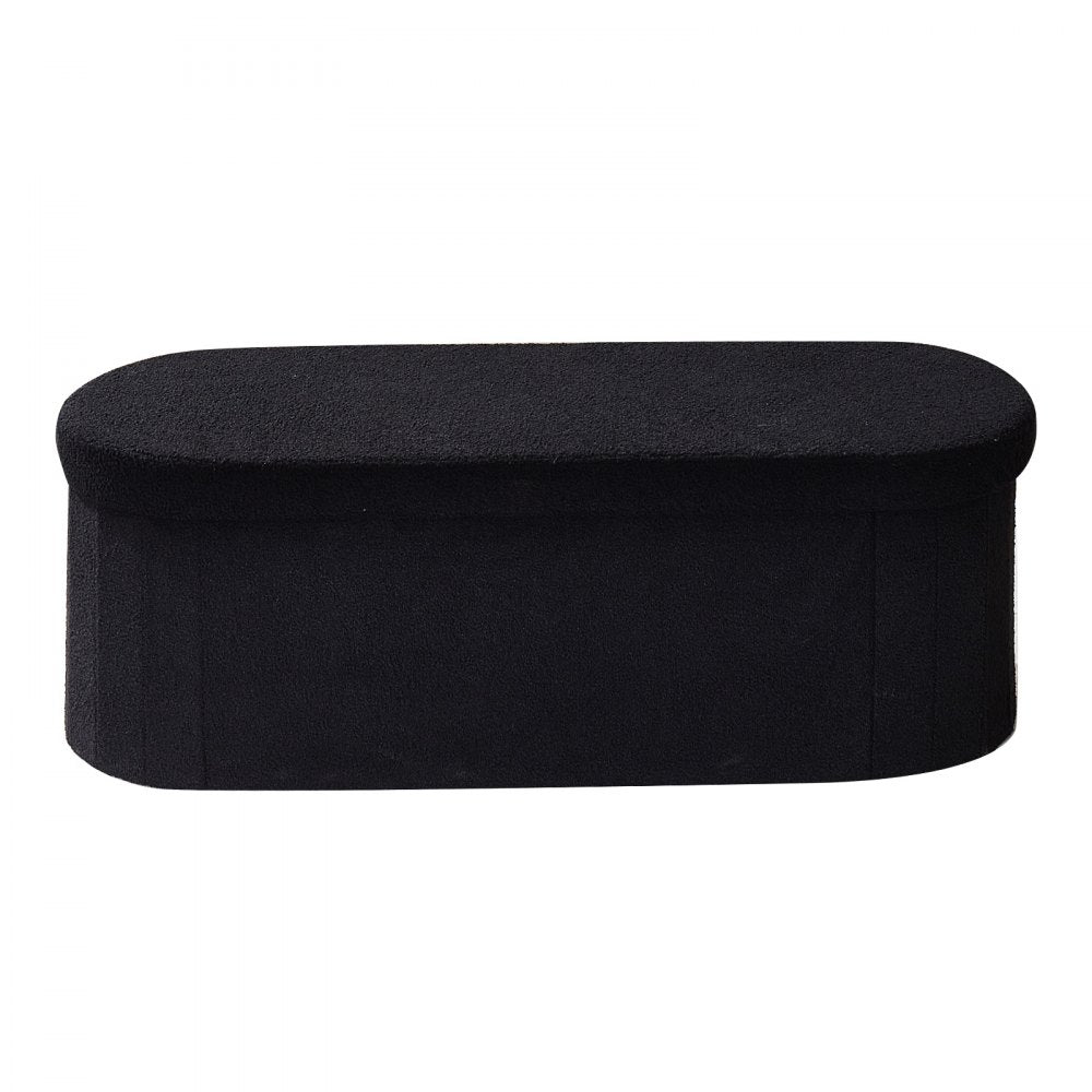 VEVOR Oval Storage Ottoman Bench, Foldable Teddy Fleece End of Bed Bench, Folding Upholstered Bed Ottoman Chest with Large Storage Space, Supports 660 lbs, for Living Room, Bedroom, Entryway, Black