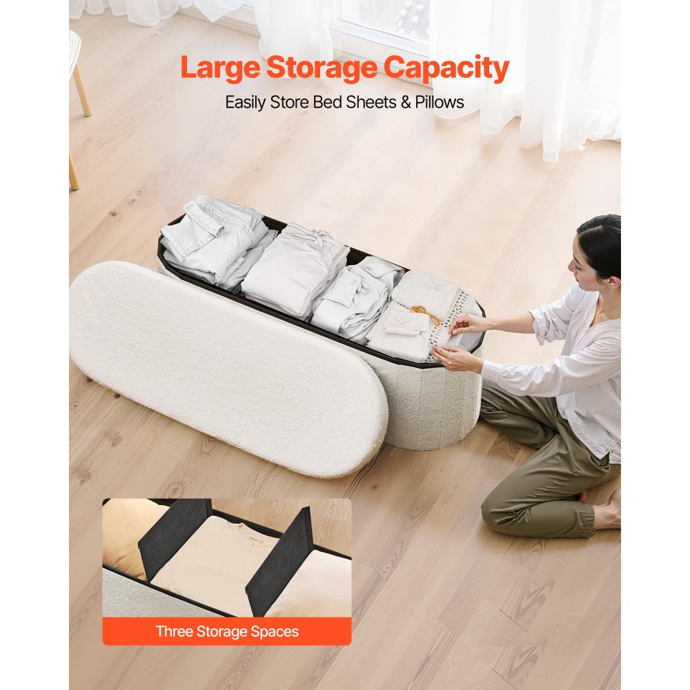 VEVOR Oval Storage Ottoman Bench, Foldable Teddy Fleece End of Bed Bench, Folding Upholstered Bed Ottoman Chest with Large Storage Space, Supports 660 lbs, for Living Room, Bedroom, Entryway, Beige