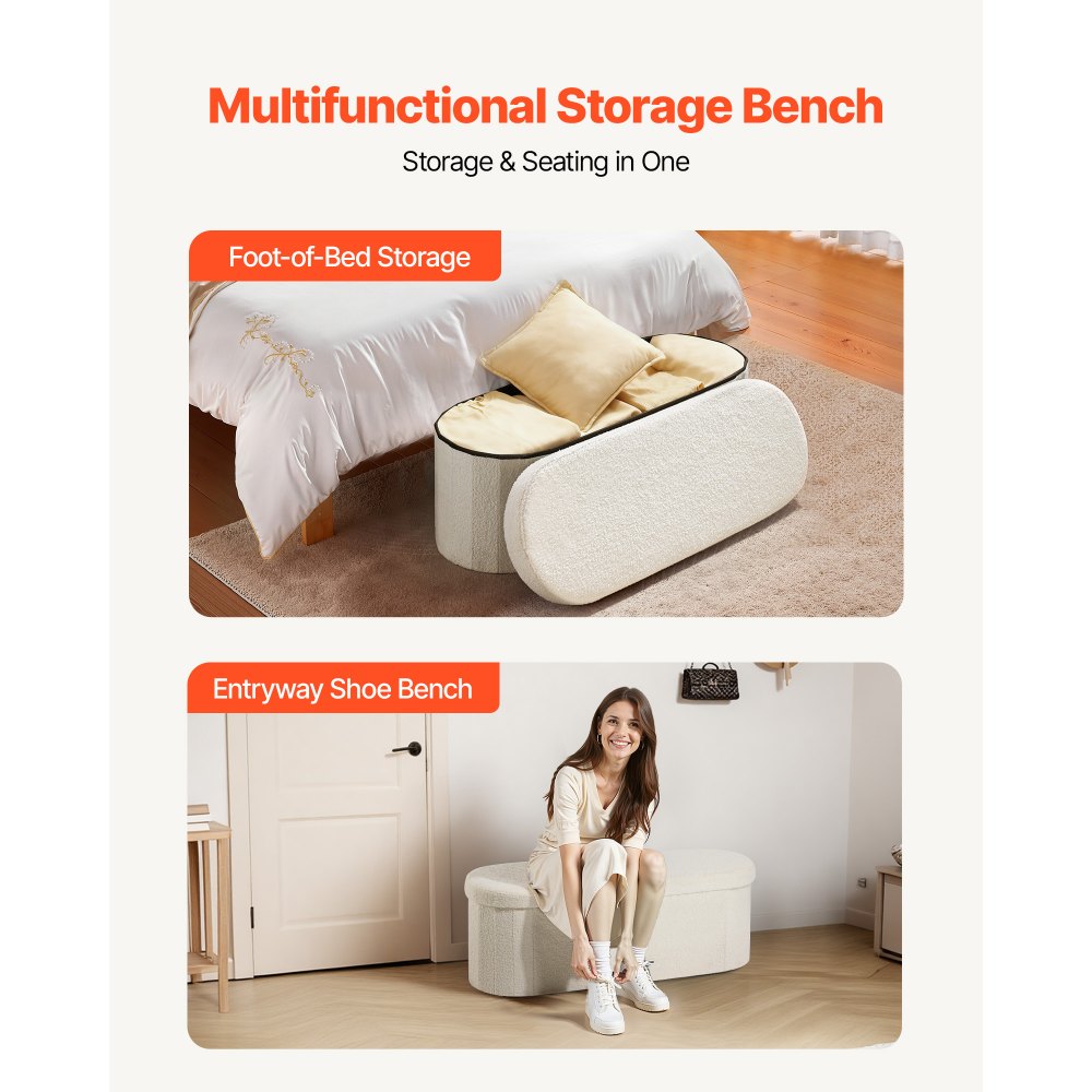 VEVOR Oval Storage Ottoman Bench, Foldable Teddy Fleece End of Bed Bench, Folding Upholstered Bed Ottoman Chest with Large Storage Space, Supports 660 lbs, for Living Room, Bedroom, Entryway, Beige
