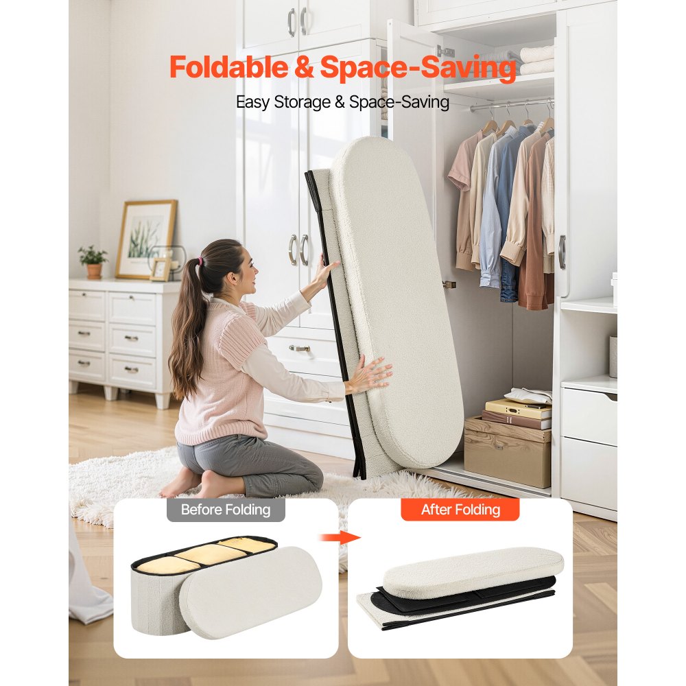VEVOR Oval Storage Ottoman Bench, Foldable Teddy Fleece End of Bed Bench, Folding Upholstered Bed Ottoman Chest with Large Storage Space, Supports 660 lbs, for Living Room, Bedroom, Entryway, Beige