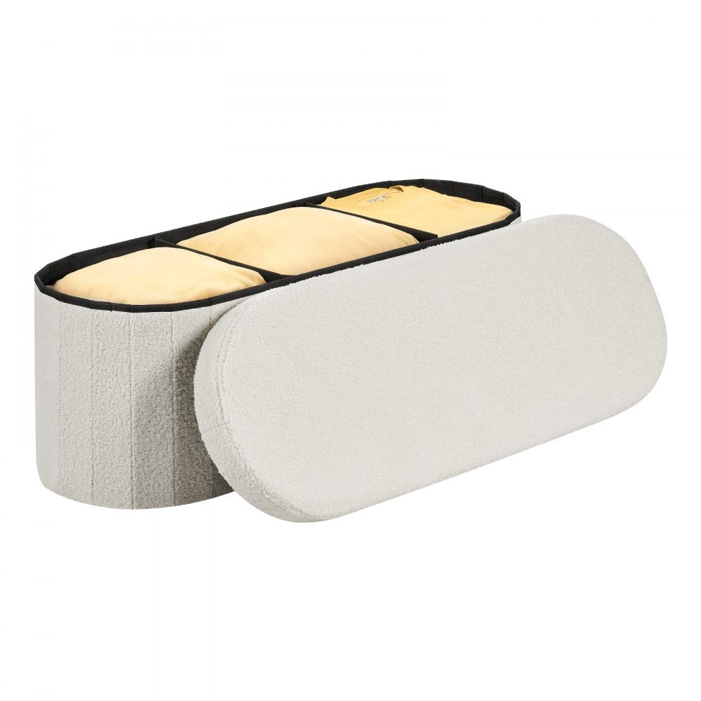 VEVOR Oval Storage Ottoman Bench, Foldable Teddy Fleece End of Bed Bench, Folding Upholstered Bed Ottoman Chest with Large Storage Space, Supports 660 lbs, for Living Room, Bedroom, Entryway, Beige