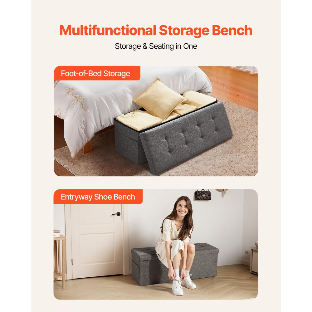 VEVOR Foldable Storage Ottoman Bench, End of Bed Bench with Side Bags, Folding Upholstered Storage Chest Supports 660 lbs, Linen Bed Ottoman with Large Space for Living Room, Bedroom, Entryway, Grey