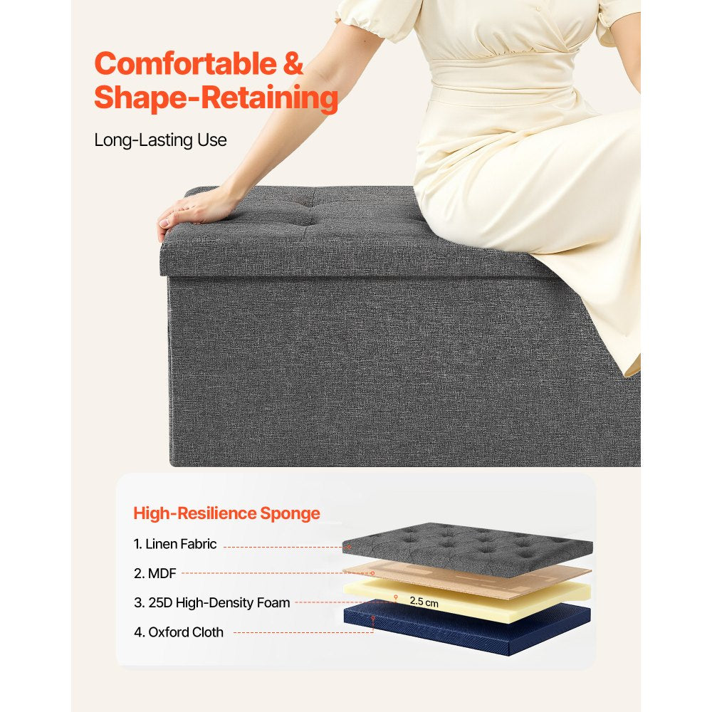 VEVOR Foldable Storage Ottoman Bench, End of Bed Bench with Side Bags, Folding Upholstered Storage Chest Supports 660 lbs, Linen Bed Ottoman with Large Space for Living Room, Bedroom, Entryway, Grey