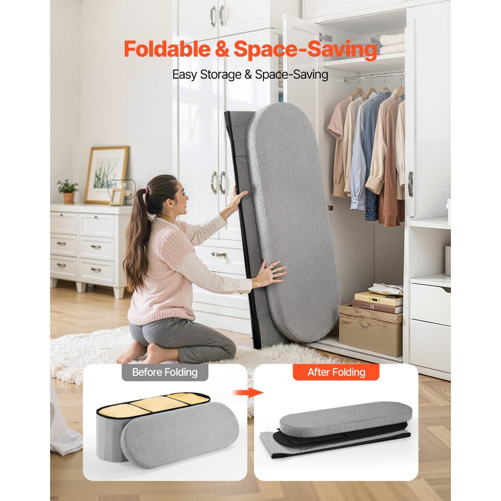 VEVOR Oval Storage Ottoman Bench, Foldable Teddy Fleece End of Bed Bench, Folding Upholstered Bed Ottoman Chest with Large Storage Space, Supports 660 lbs, for Living Room, Bedroom, Entryway, Grey