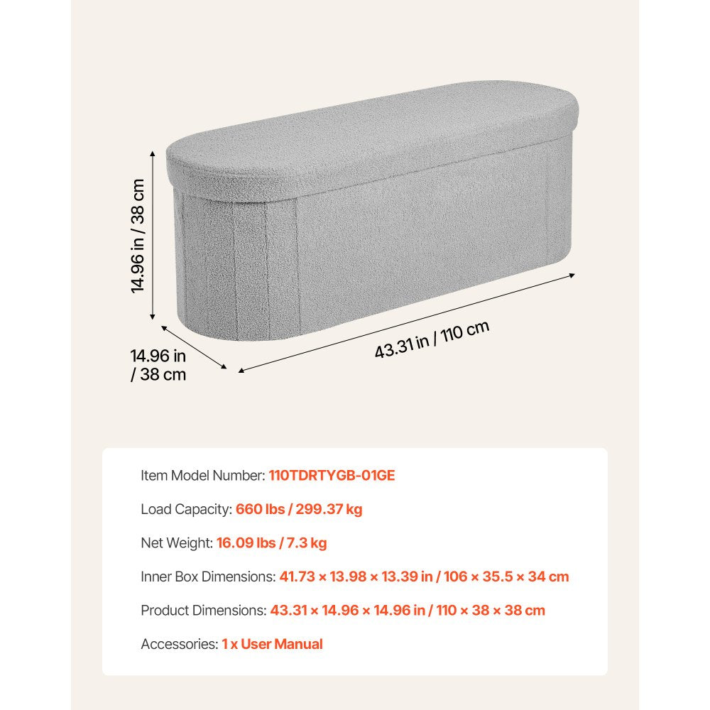 VEVOR Oval Storage Ottoman Bench, Foldable Teddy Fleece End of Bed Bench, Folding Upholstered Bed Ottoman Chest with Large Storage Space, Supports 660 lbs, for Living Room, Bedroom, Entryway, Grey