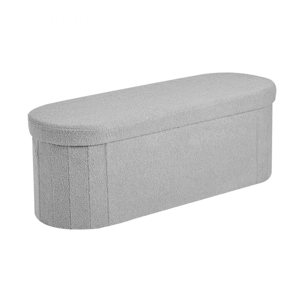 VEVOR Oval Storage Ottoman Bench, Foldable Teddy Fleece End of Bed Bench, Folding Upholstered Bed Ottoman Chest with Large Storage Space, Supports 660 lbs, for Living Room, Bedroom, Entryway, Grey