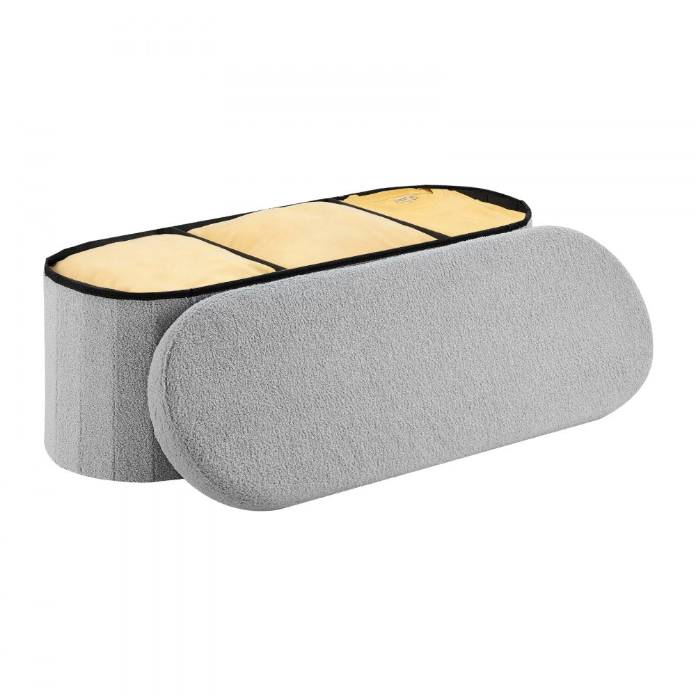 VEVOR Oval Storage Ottoman Bench, Foldable Teddy Fleece End of Bed Bench, Folding Upholstered Bed Ottoman Chest with Large Storage Space, Supports 660 lbs, for Living Room, Bedroom, Entryway, Grey
