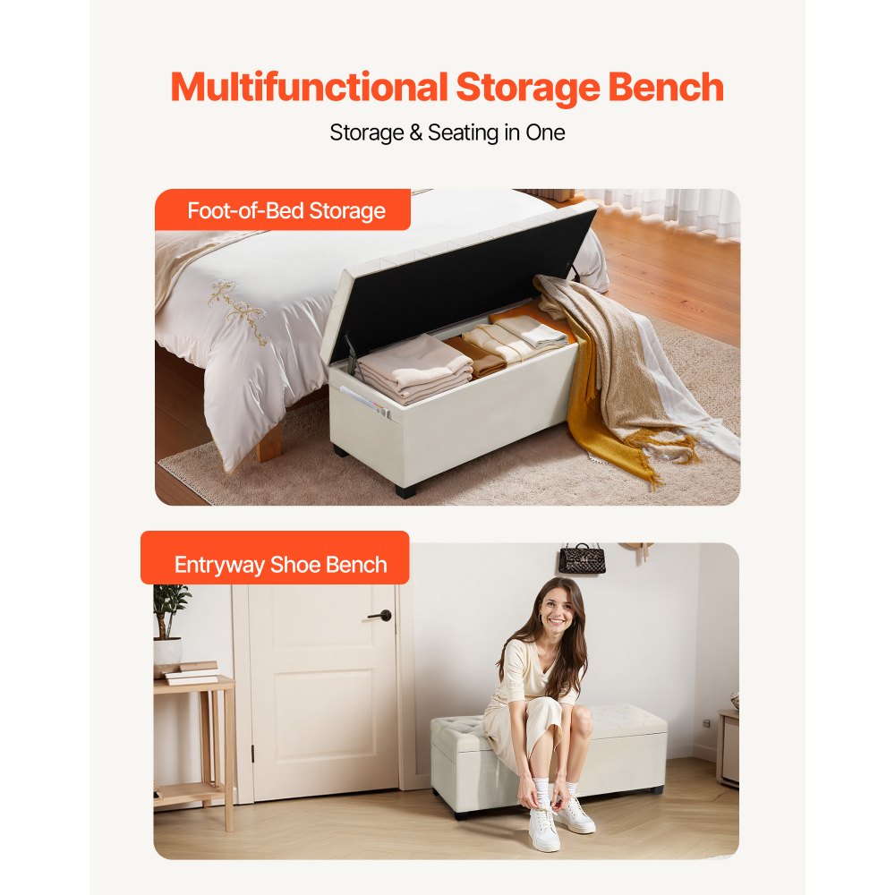 VEVOR Storage Ottoman Bench, Button-Tufted End of Bed Bench with Side Bags, Flip-up Upholstered Storage Chest with Metal Frame, Linen Bed Ottoman for Living Room, Bedroom, Entryway, Office, Beige