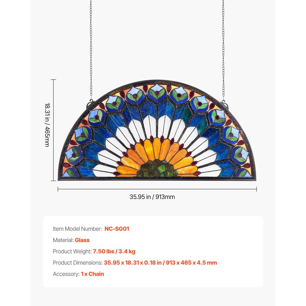 VEVOR Stained Glass Window Panel, 36 x 18 in, Tiffany Style Hanging Transom Window Panel with Chain, Large Half-Round Stain Glass Hanging, Vintage Traditional Art Handcrafts for Kitchen Home Decor