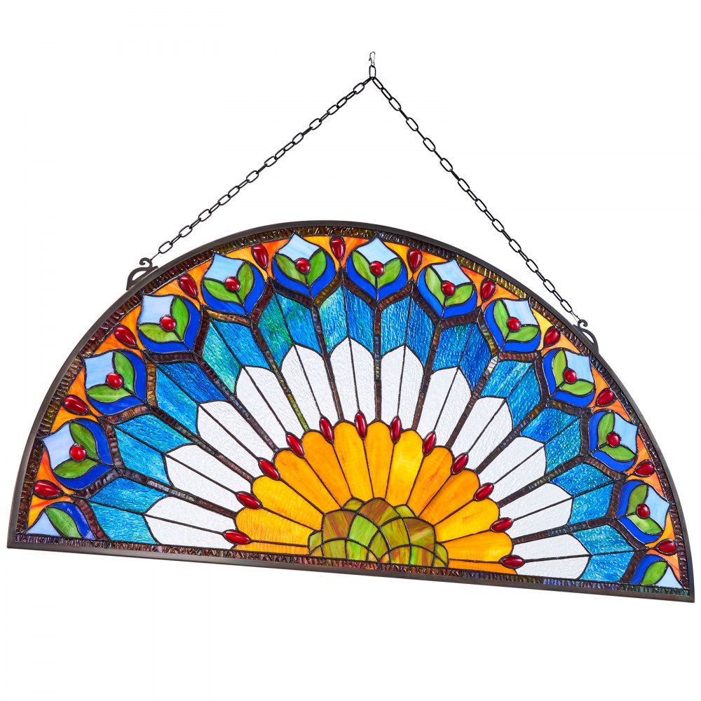 VEVOR Stained Glass Window Panel, 36 x 18 in, Tiffany Style Hanging Transom Window Panel with Chain, Large Half-Round Stain Glass Hanging, Vintage Traditional Art Handcrafts for Kitchen Home Decor