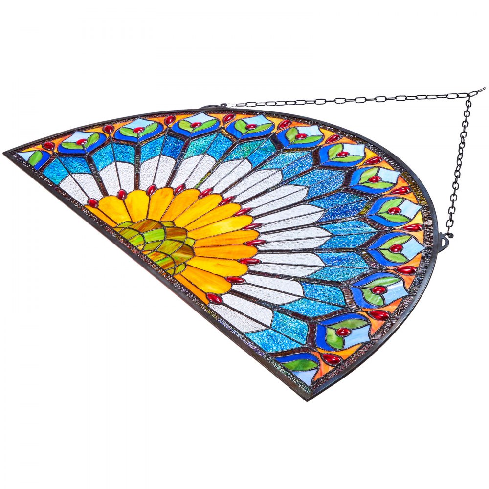 VEVOR Stained Glass Window Panel, 36 x 18 in, Tiffany Style Hanging Transom Window Panel with Chain, Large Half-Round Stain Glass Hanging, Vintage Traditional Art Handcrafts for Kitchen Home Decor