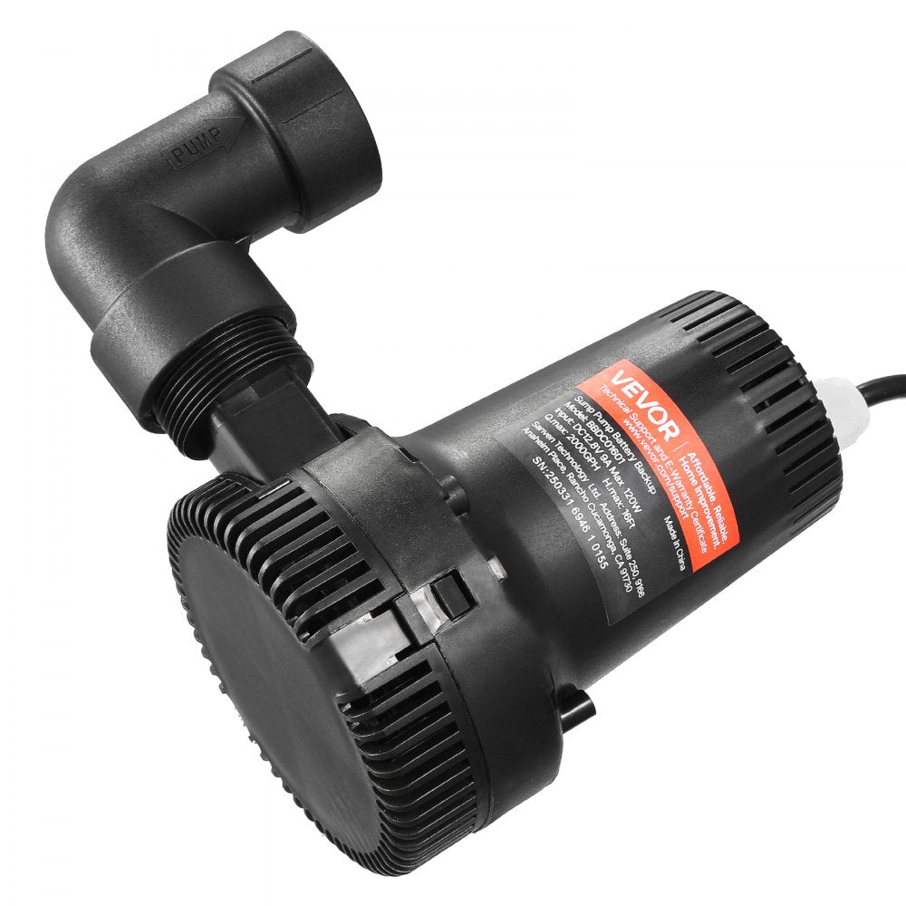 VEVOR Basement Emergency Back-Up Sump Pump, 2000GPH 0.17 HP Backup Sump Pump System, with 15V Adapter, Float Switch, 24-Hour-a-Day Monitoring Controller, Alerts, and Charger, Black