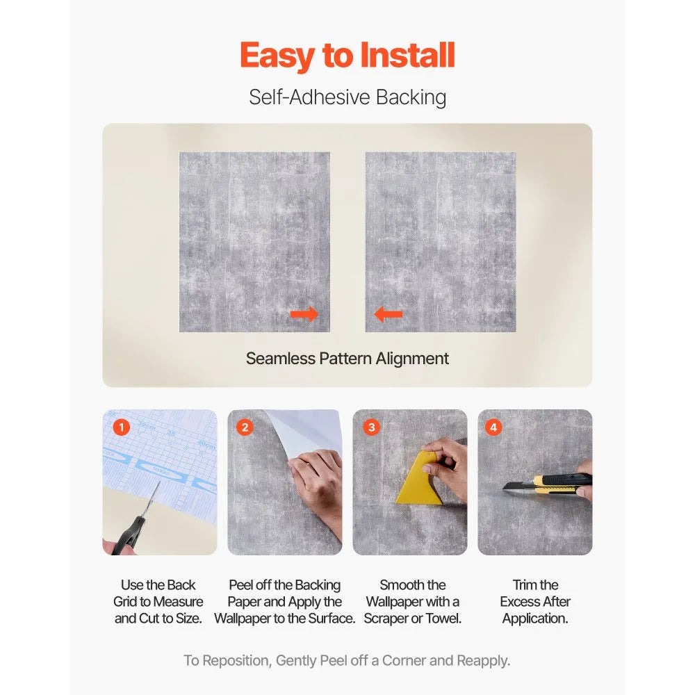 VEVOR Peel and Stick Wallpaper, 15.7 x 590.5 inch Contact Paper Waterpoof Self Adhesive, Easy to Clean Wall Decorative Vinyl Roll for Bedroom Kitchen Bathroom Office,Dark Gray Industrial Style