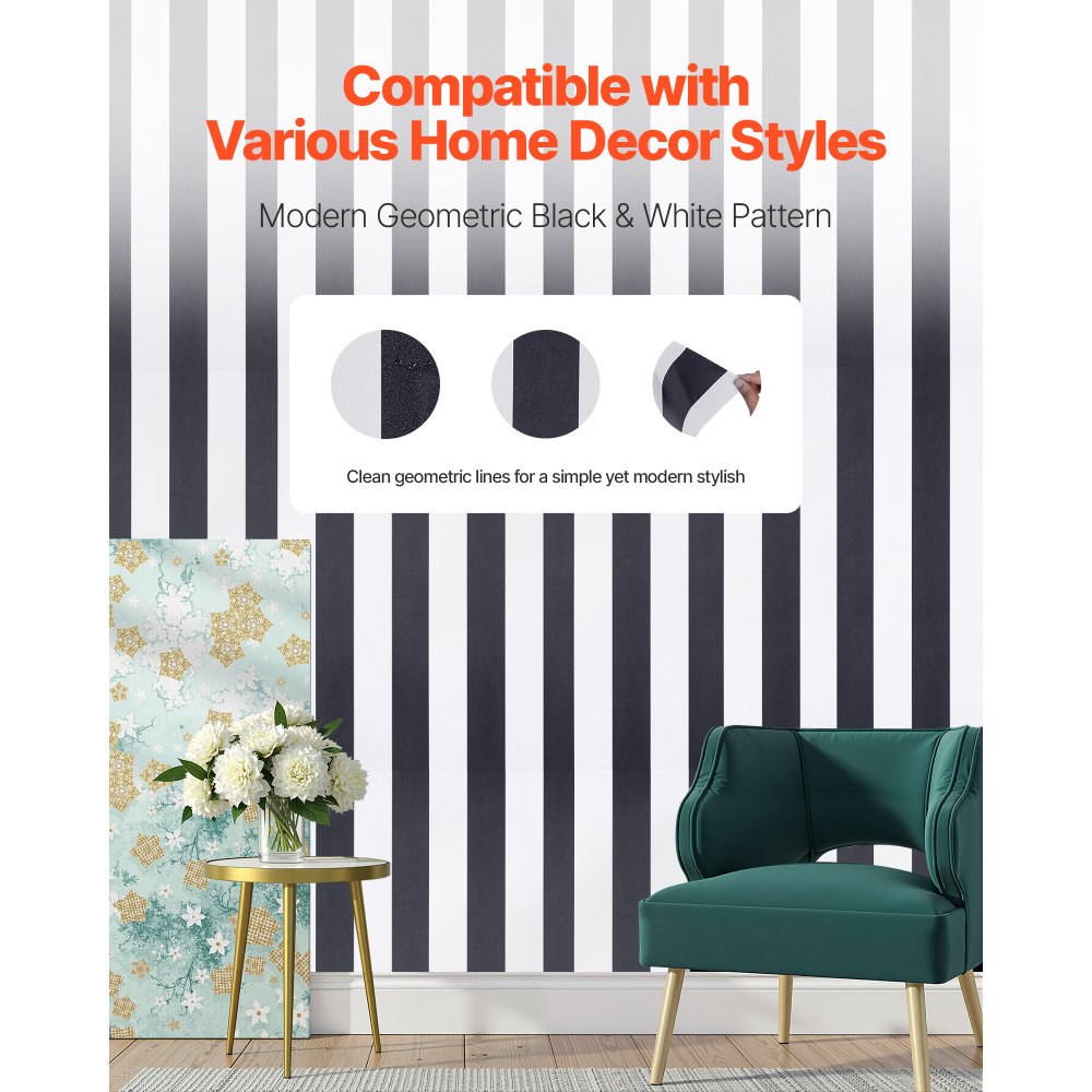 VEVOR Peel and Stick Wallpaper, 17.7 x 590.5 inch Contact Paper Black White Modern Geometric Waterpoof Self Adhesive, Easy to Clean Wall Decorative Vinyl Roll for Bedroom Kitchen Bathroom Office