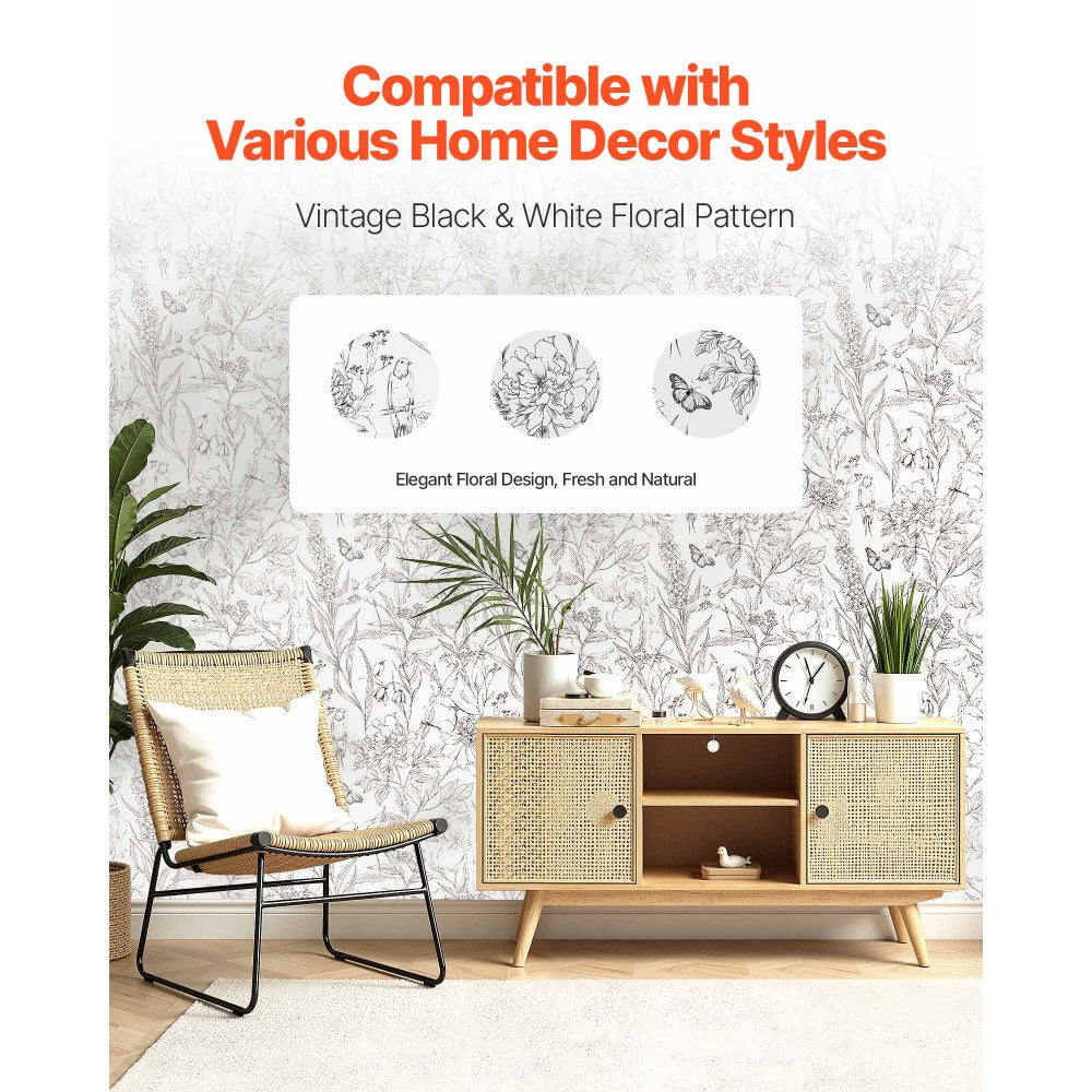 VEVOR Peel and Stick Wallpaper, 17.7 x 393.7 inch Contact Paper White Line Art Botanical Floral Waterpoof Self Adhesive, Easy to Clean Wall Decorative Vinyl Roll for Bedroom Kitchen Bathroom Office