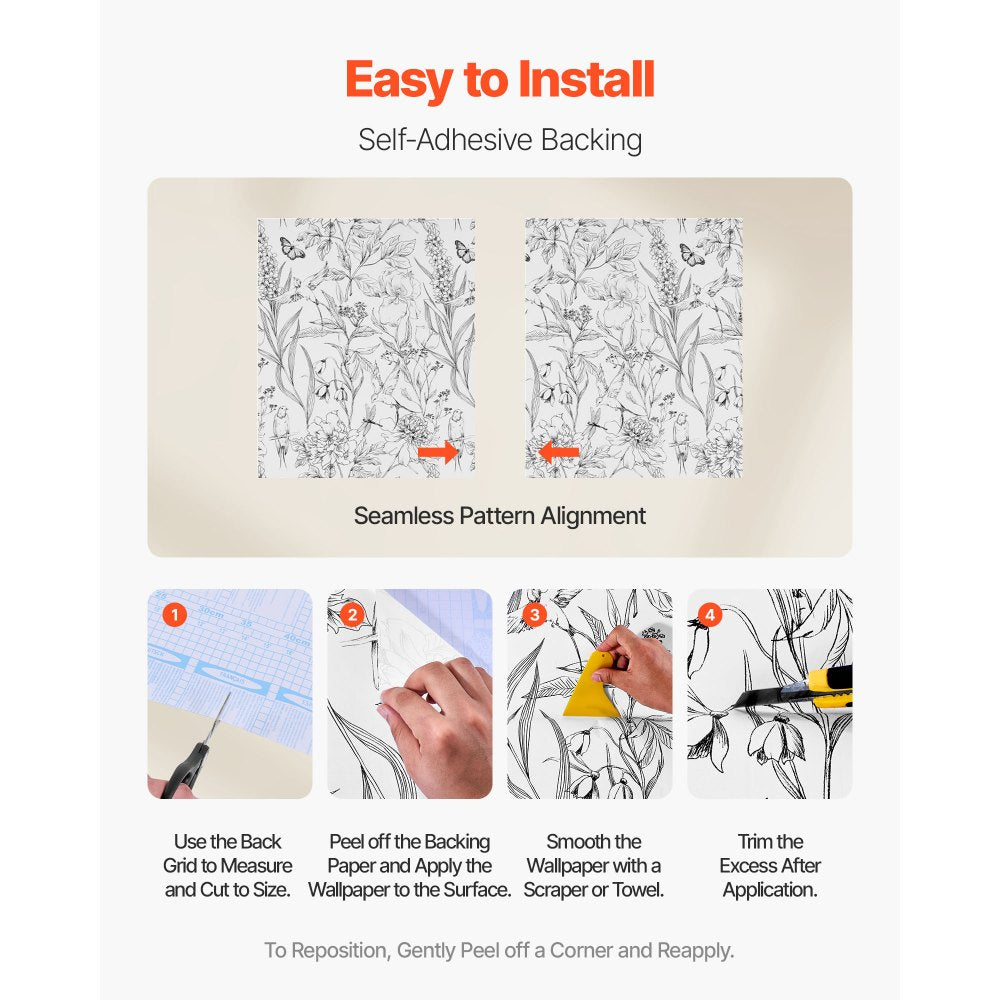 VEVOR Peel and Stick Wallpaper, 17.7 x 393.7 inch Contact Paper White Line Art Botanical Floral Waterpoof Self Adhesive, Easy to Clean Wall Decorative Vinyl Roll for Bedroom Kitchen Bathroom Office