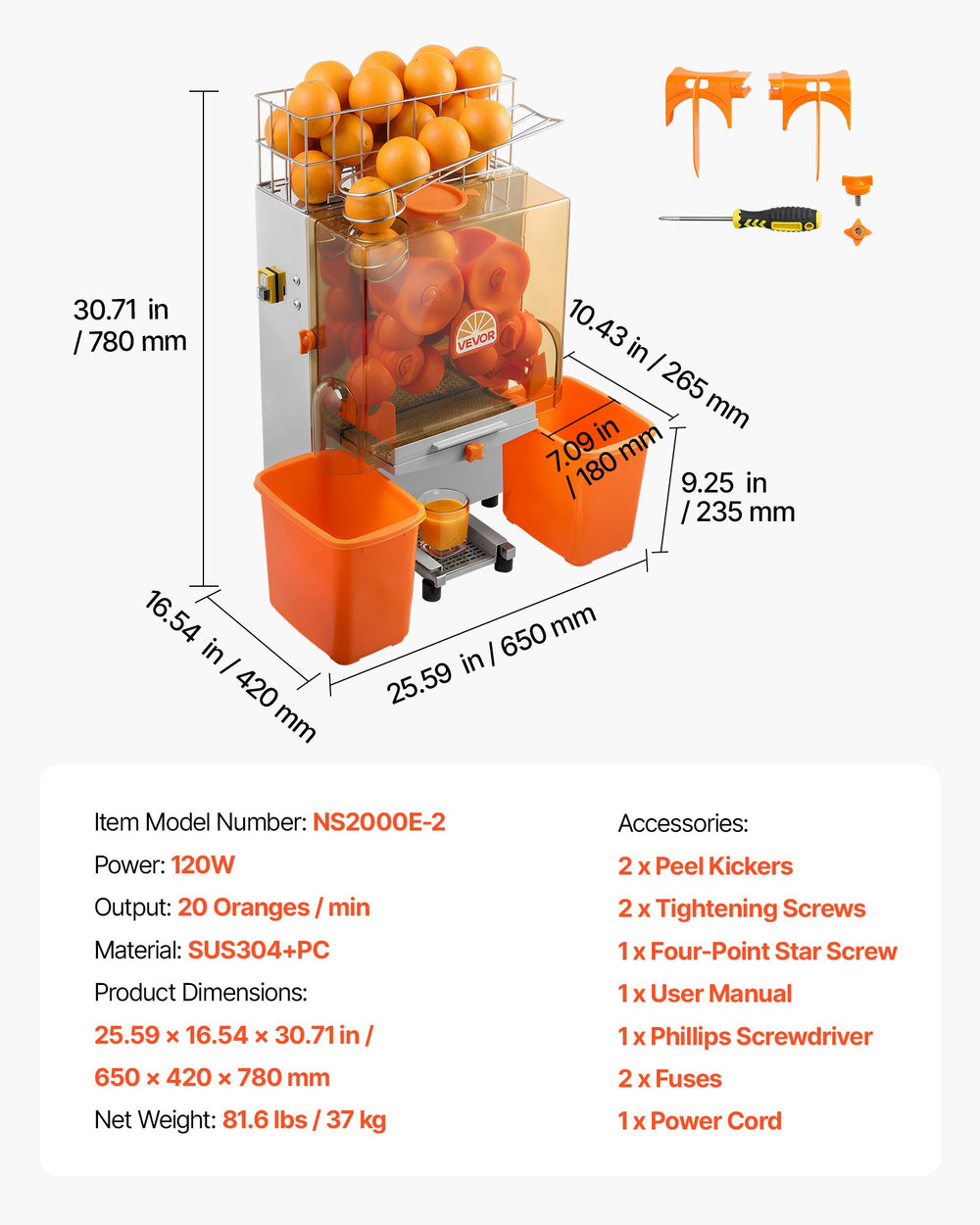 VEVOR Commercial Orange Juicer Machine, 120W Electric Orange Juice Press, Stainless Steel Orange Squeezer for 20 per Minute, Lemon Citrus Pomegranates Extractor with Peels Collecting Bucket