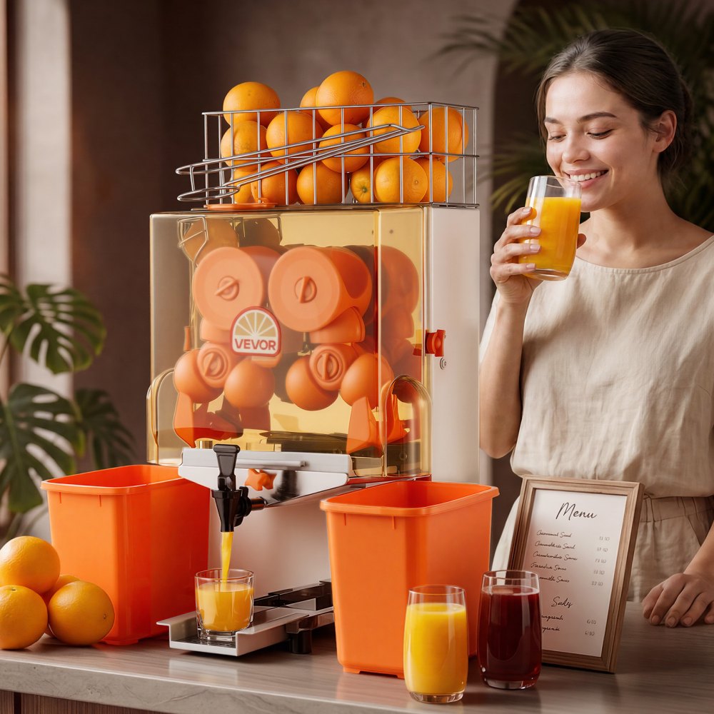 VEVOR Commercial Orange Juicer Machine, 120W Electric Orange Juice Press, Stainless Steel Orange Squeezer for 20 per Minute, Lemon Citrus Pomegranates Extractor with Water Tap, Peels Collecting Bucket