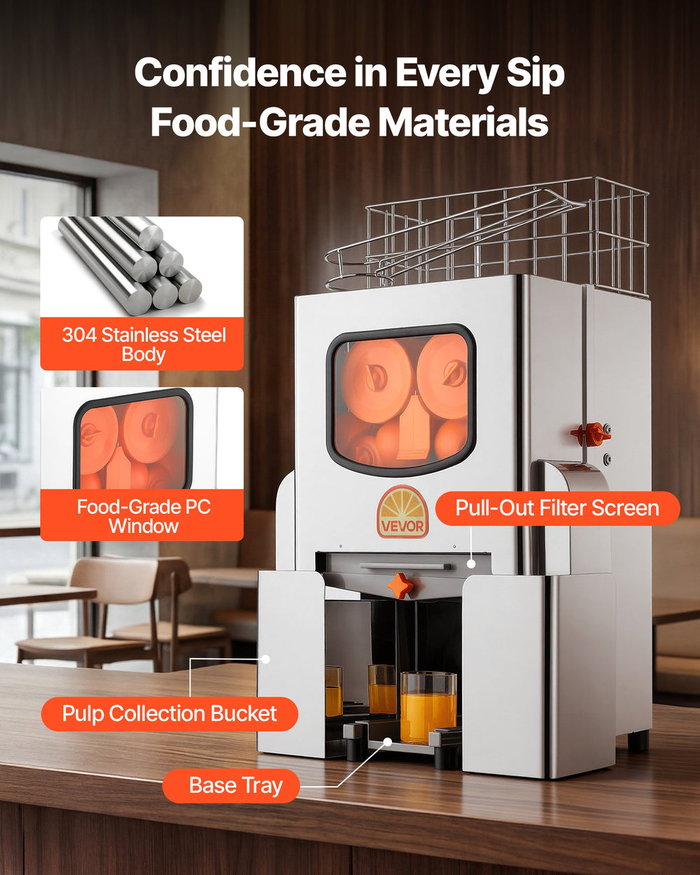 VEVOR Commercial Orange Juicer Machine, 120W Electric Orange Juice Press, Stainless Steel Orange Squeezer for 20 per Minute, Lemon Citrus Pomegranates Extractor with Peels Collecting Bucket