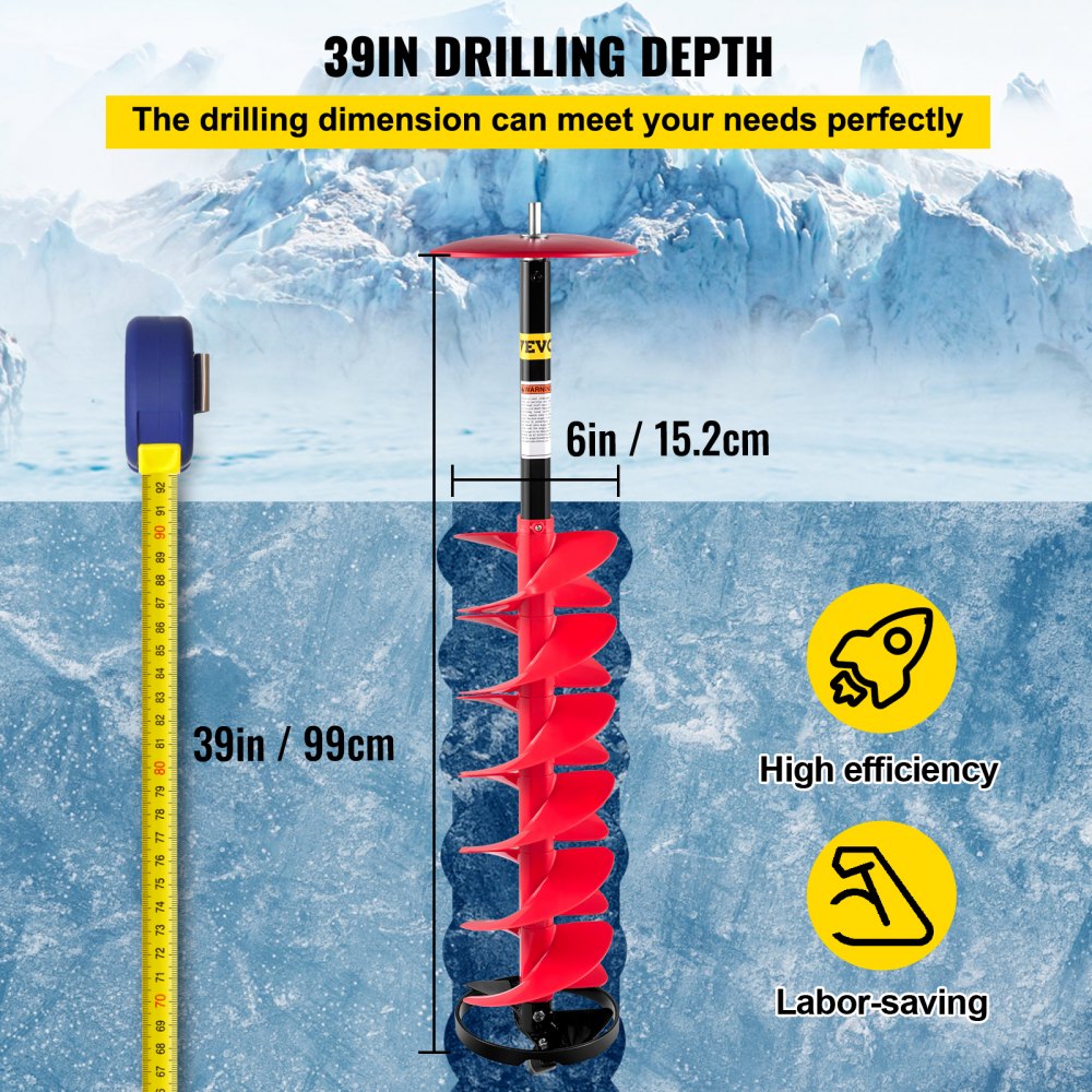 VEVOR Ice Drill Auger, 6\" Diameter Nylon Ice Auger, 39\" Length Ice Auger Bit,Auger Drill with 11.8\" Extension Rod,Auger Bit with Drill Adapter,Top Plate & Blade Guard for Ice Fishing Ice Burrowing