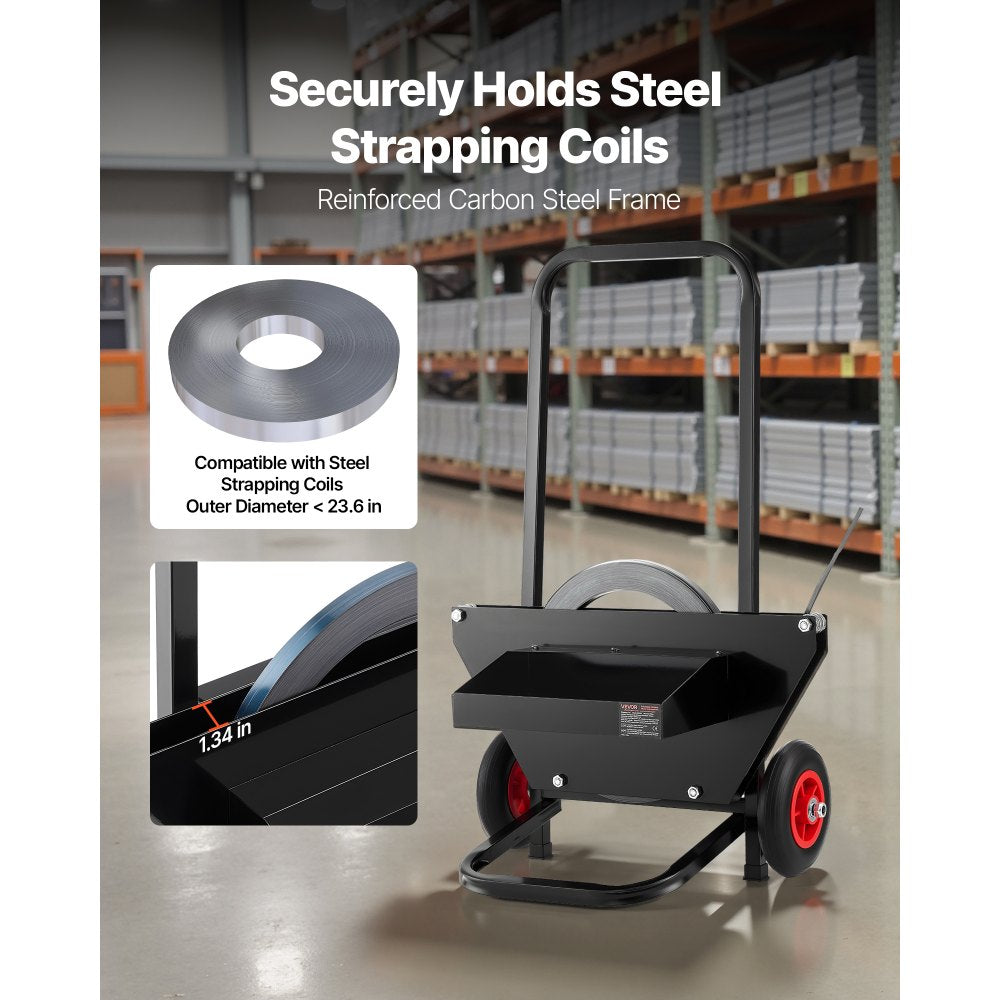 VEVOR Banding Strapping Cart, Fit for Steel Strapping Coils with 23.6 inches Core Outer Size, Heavy Duty Strapping Dispenser with Rubber Wheels, Suitable for Factory, Warehouse, Loading Area