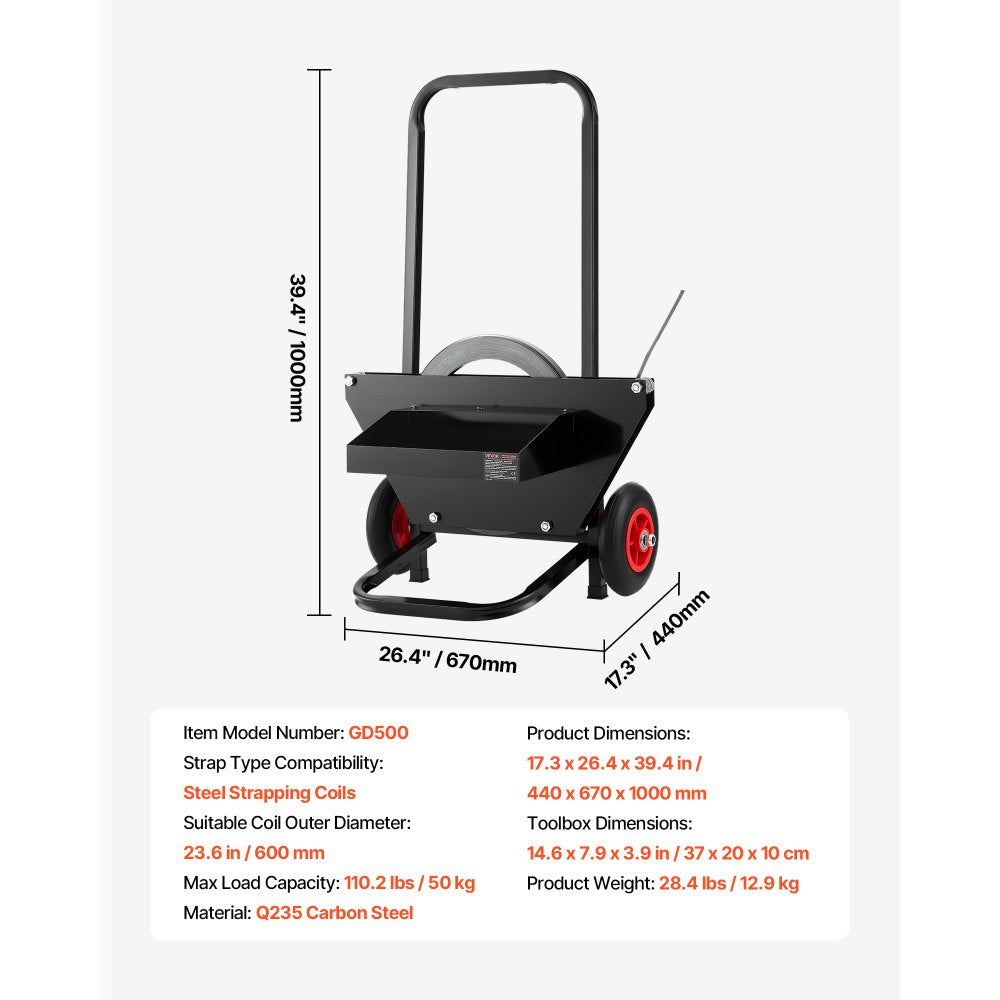 VEVOR Banding Strapping Cart, Fit for Steel Strapping Coils with 23.6 inches Core Outer Size, Heavy Duty Strapping Dispenser with Rubber Wheels, Suitable for Factory, Warehouse, Loading Area