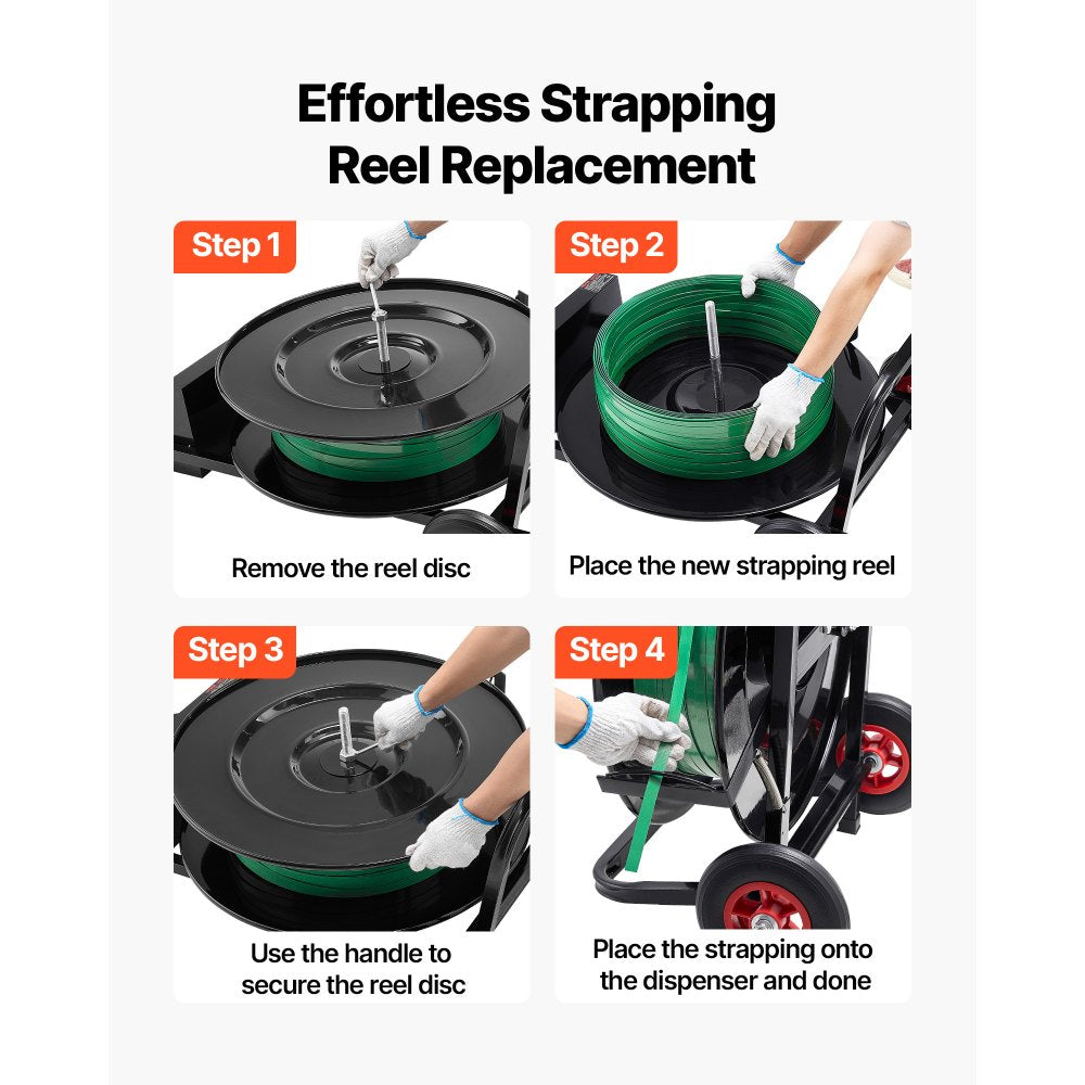 VEVOR Banding Strapping Cart, Fit for PET/PP/Polyester Strapping Coils with 8 or 16 in Core Size, Heavy Duty Strapping Dispenser Equipped with Upgrade Brake System, Built-in Spacious Tray for Tools