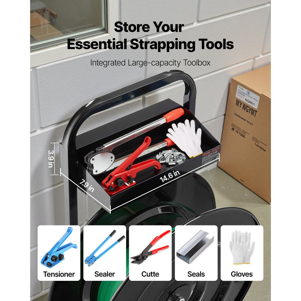 VEVOR Banding Strapping Cart, Fit for PET/PP/Polyester Strapping Coils with 8 or 16 in Core Size, Heavy Duty Strapping Dispenser Equipped with Upgrade Brake System, Built-in Spacious Tray for Tools