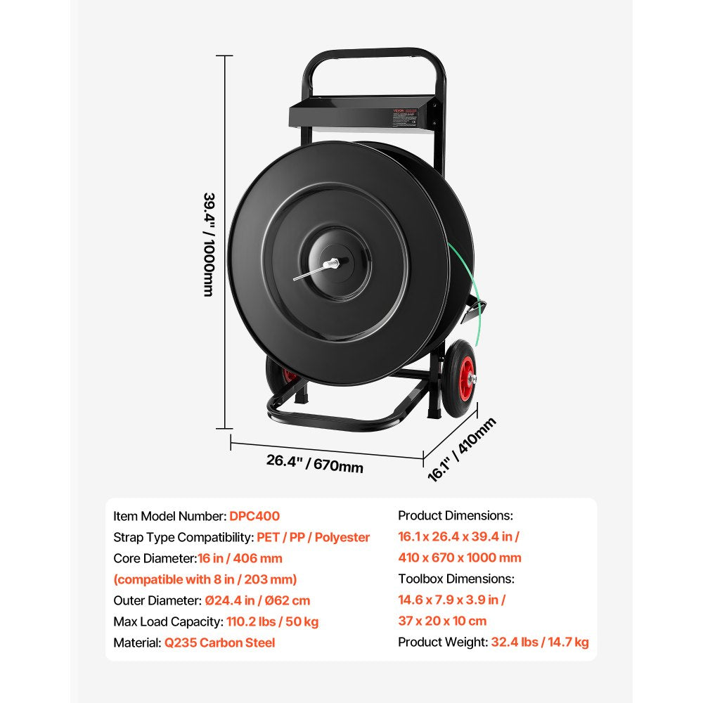 VEVOR Banding Strapping Cart, Fit for PET/PP/Polyester Strapping Coils with 8 or 16 in Core Size, Heavy Duty Strapping Dispenser Equipped with Upgrade Brake System, Built-in Spacious Tray for Tools