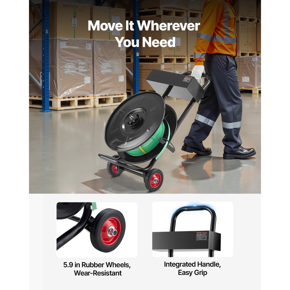 VEVOR Banding Strapping Cart, Fit for PET / PP / Polyester Strapping Coils with 8 inches Core Size, Heavy Duty Strapping Dispenser Equipped with Upgrade Brake System, Built-in Spacious Tray for Tools