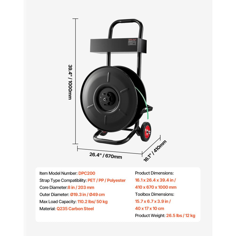 VEVOR Banding Strapping Cart, Fit for PET / PP / Polyester Strapping Coils with 8 inches Core Size, Heavy Duty Strapping Dispenser Equipped with Upgrade Brake System, Built-in Spacious Tray for Tools