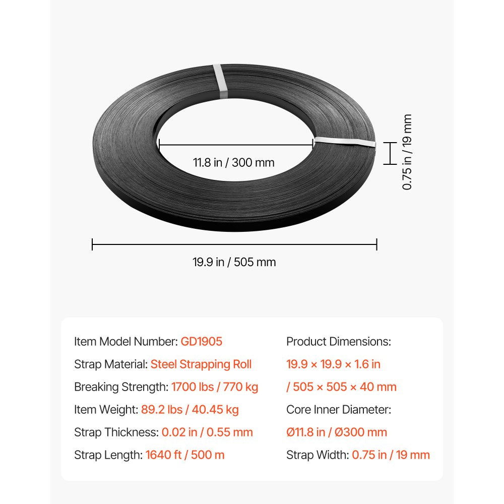 VEVOR Steel Strapping Coil, 3/4 in x 0.02 in x 1640 ft, Metal Strapping Banding Roll Withstands Harsh Environment, 1700 lbs Break Strength, Heavy Duty Banding Pallet Strap Coil for Pallet Packing