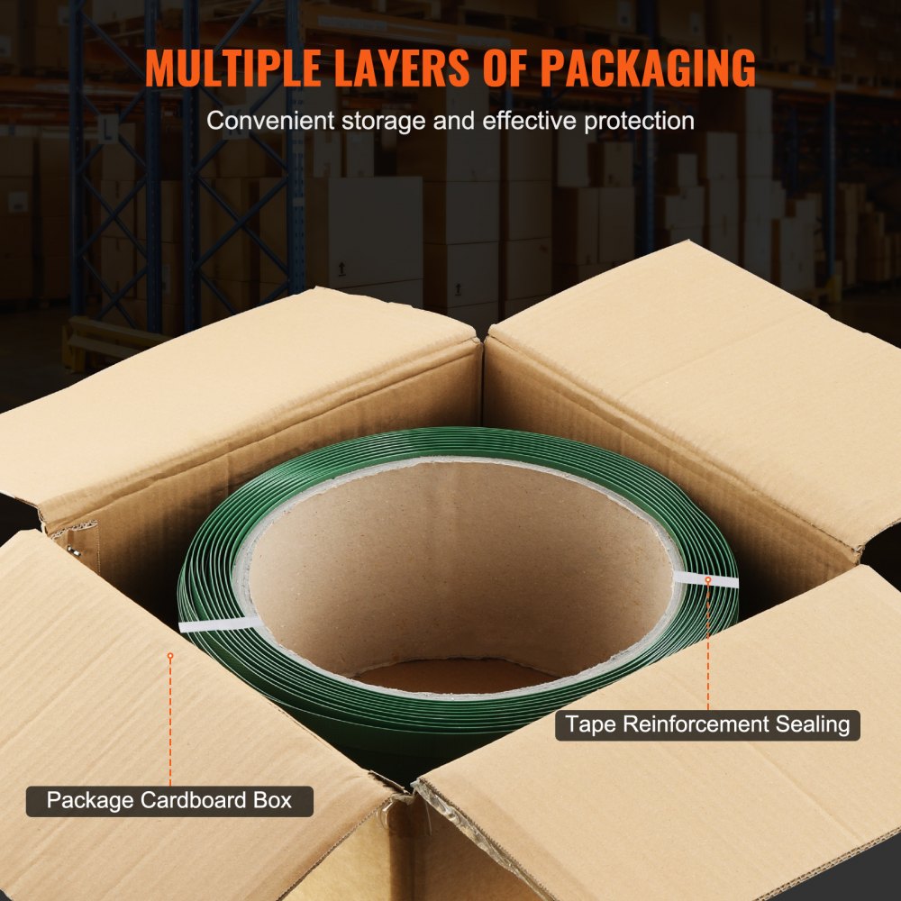 VEVOR Packaging Polyester PET Strapping Roll, 1000' Length x 0.63" Width x 0.03" Thickness, 992 lbs Break Strength, Heavy Duty Banding Pallet Strap Coil, Portable Strong Banding Packing Straps, Green