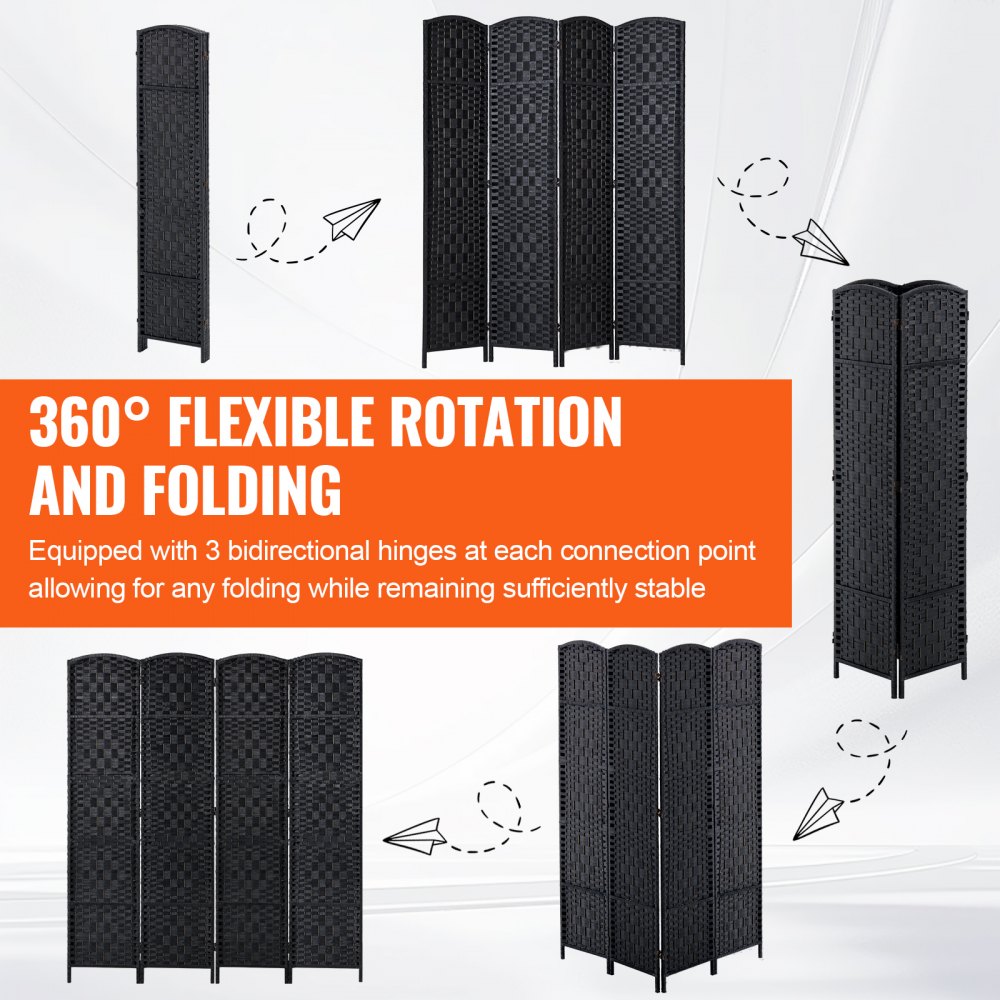 VEVOR 4 Panel Room Divider, Hand-Woven Folding Privacy Screens with Hinges, Portable and Freestanding Partition Room Dividers and Wall Divider for Room Separation, Black