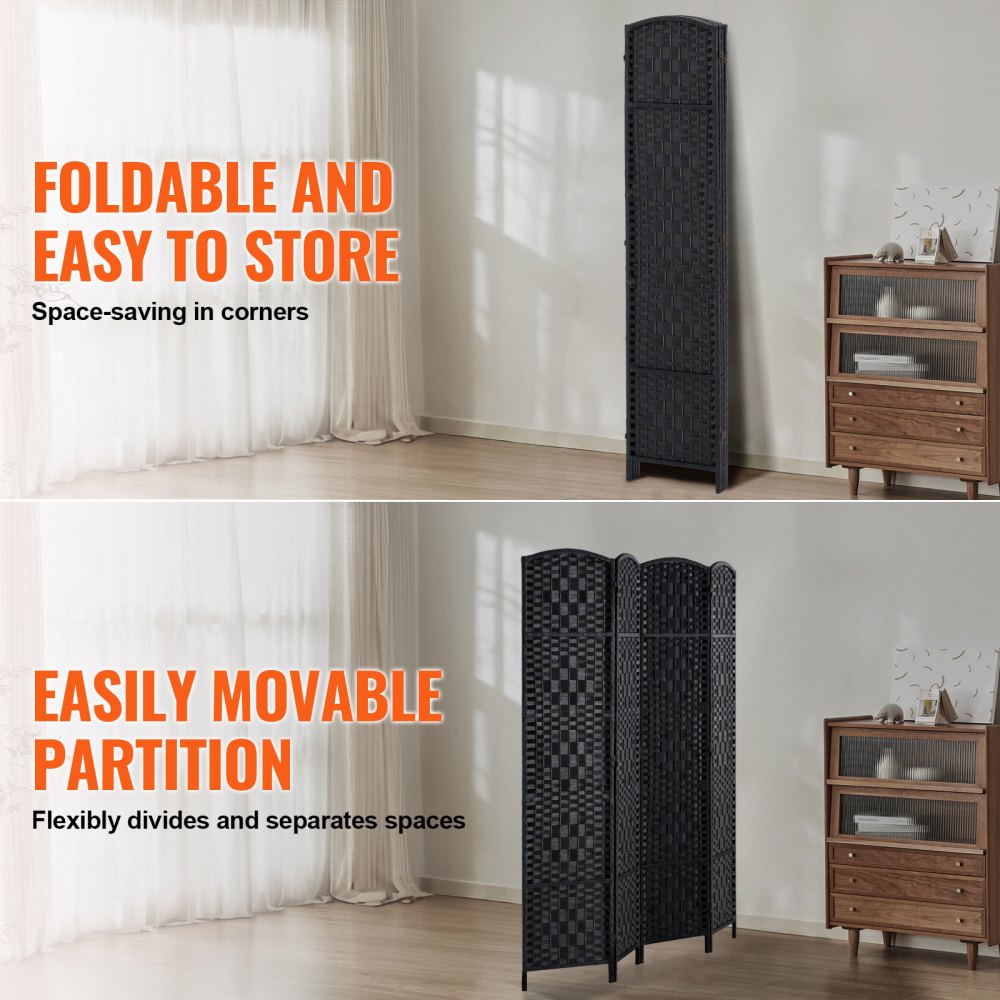 VEVOR 4 Panel Room Divider, Hand-Woven Folding Privacy Screens with Hinges, Portable and Freestanding Partition Room Dividers and Wall Divider for Room Separation, Black