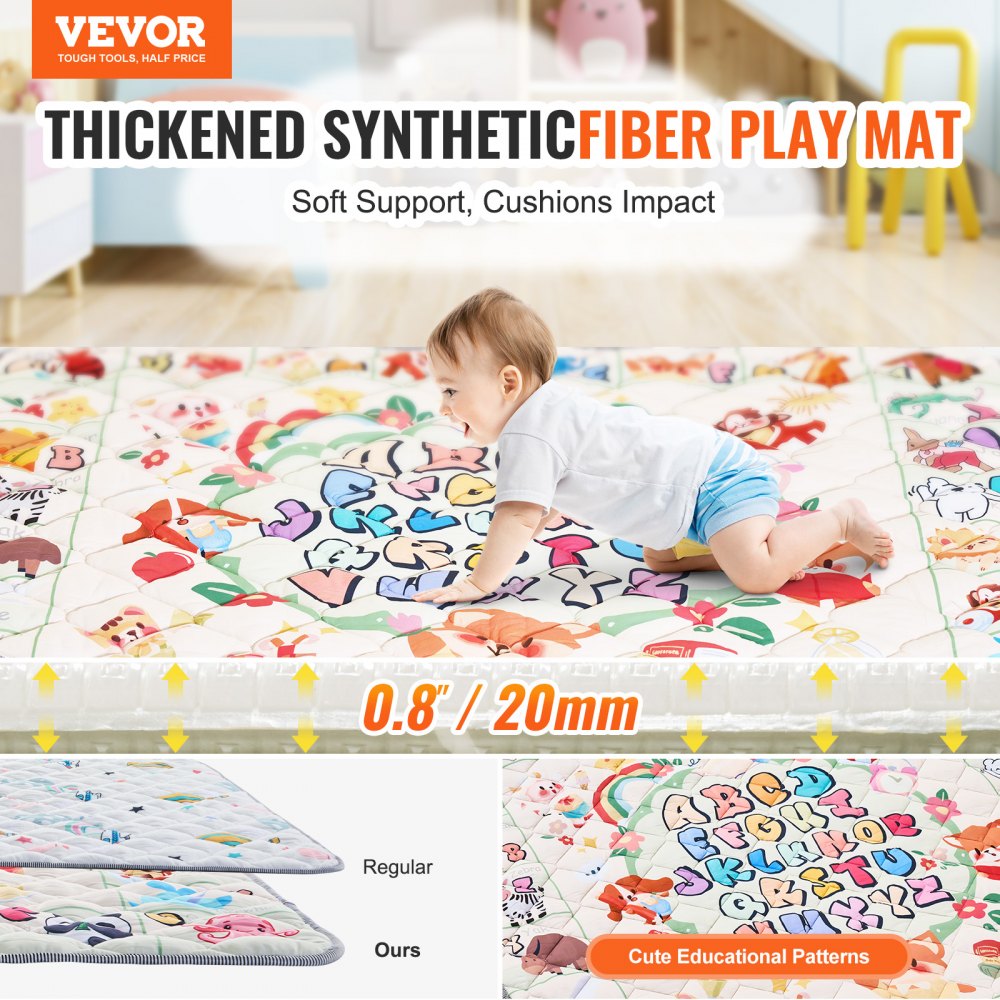 VEVOR Baby Play Mat, Extra Large 71""x79"" Baby Crawling Mat, Non-Slip One-Piece Thickened Soft Baby Mat, Foldable Floor Mat, Waterproof Activity Playmats for Babies Toddlers Infants, Machine Washable