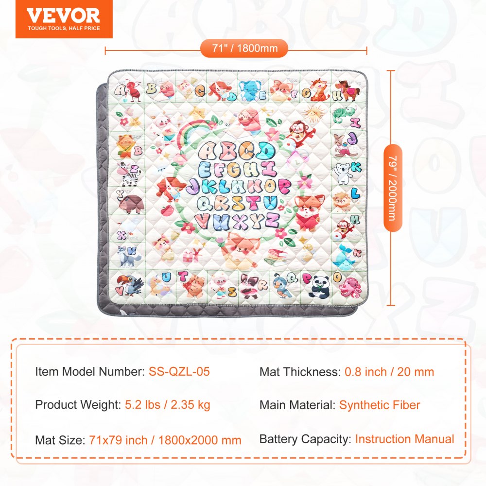 VEVOR Baby Play Mat, Extra Large 71""x79"" Baby Crawling Mat, Non-Slip One-Piece Thickened Soft Baby Mat, Foldable Floor Mat, Waterproof Activity Playmats for Babies Toddlers Infants, Machine Washable