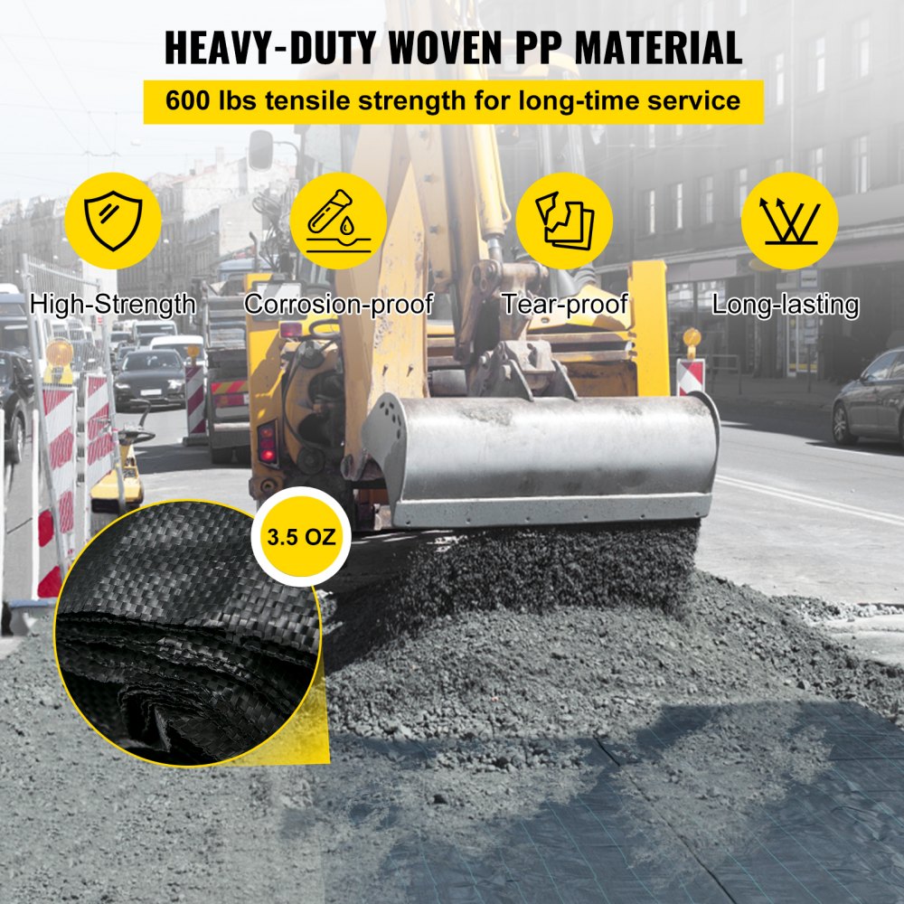 VEVOR Geotextile Fabric, 12.5 x 50 ft 3.5oz Woven PP Driveway Drain Cloth with 600lbs Tensile Strength, Heavy Duty Underlayment for Soil Stabilization, Landscaping, Weed Barrier, 12.5FT50FT-3.5OZ, Bla